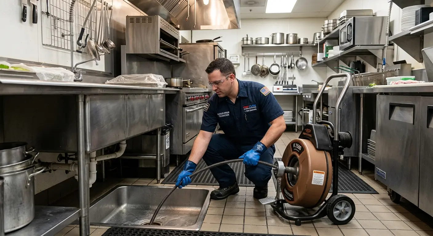 Commercial drain cleaning service in a restaurant kitchen in Burbank