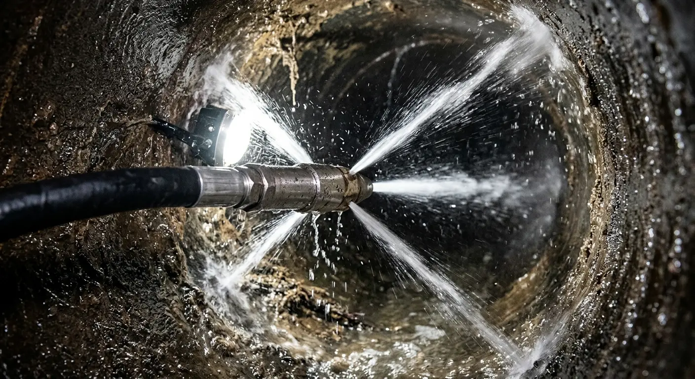 High-pressure hydro jetting nozzle cleaning sewer pipe for Sewer Cleanout in Burbank