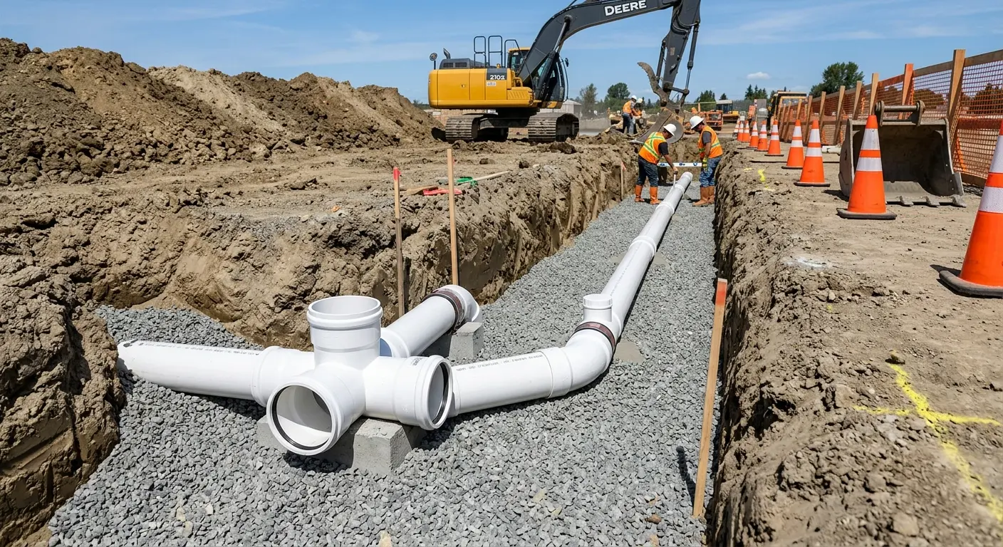 New PVC sewer pipe installation in open trench for Commercial Drain Cleaning in Burbank