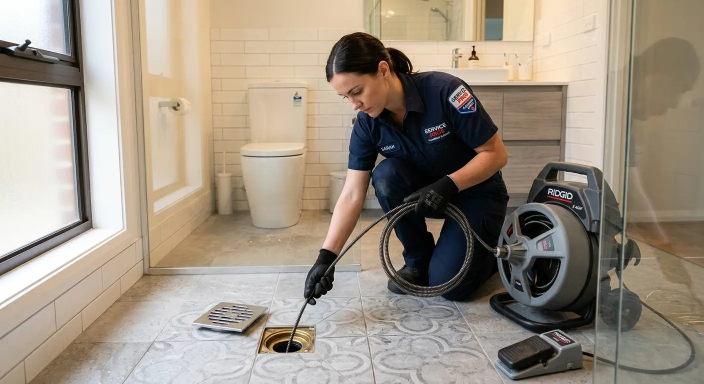 Technician clearing a bathroom floor drain for Clogged Drain Repair in Burbank